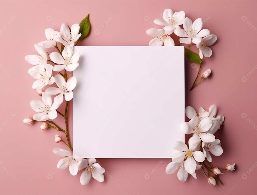 Papel em branco sobre fundo rosa com flores.