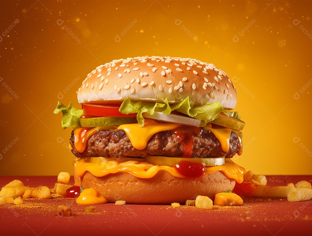 Hamburguer saboroso em fundo amarelo.