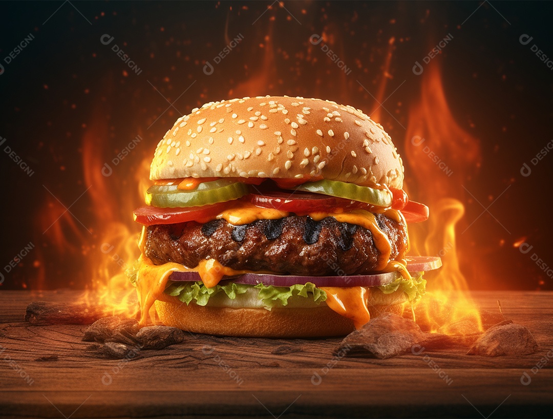 Hambúrguer gourmet em chamas sobre mesa de madeira.