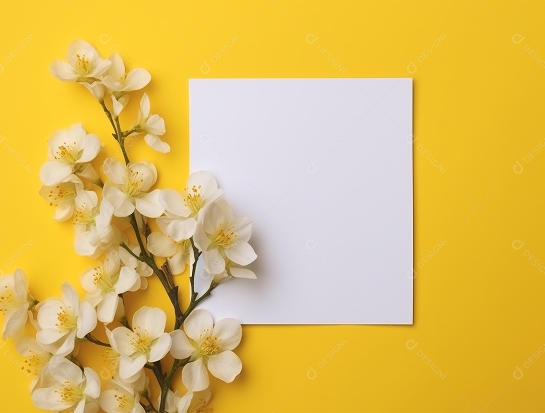 Papel em branco sobre fundo amarelo com buquê de flores.