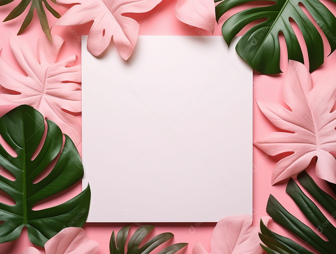 Papel em branco sobre fundo rosa com folhagem.