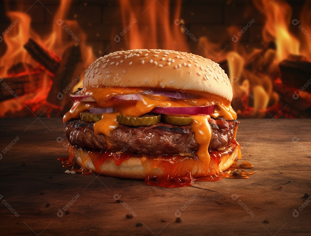 Hambúrguer gourmet sobre fundo com chamas.