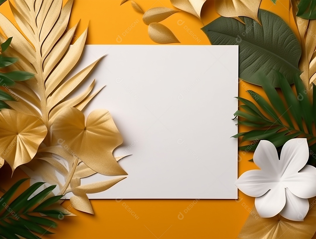 Papel em branco sobre fundo amarelo com flores e folhas.