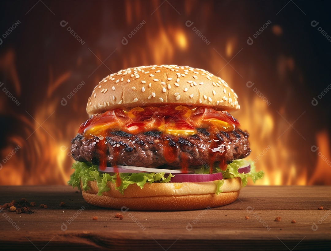 Hambúrguer gourmet sobre mesa de madeira fundo em chamas.