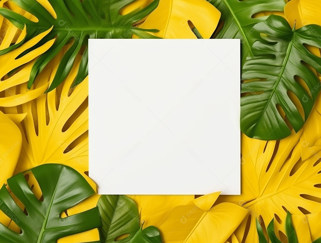 Papel em branco sobre fundo isolado amarelo com folhas .