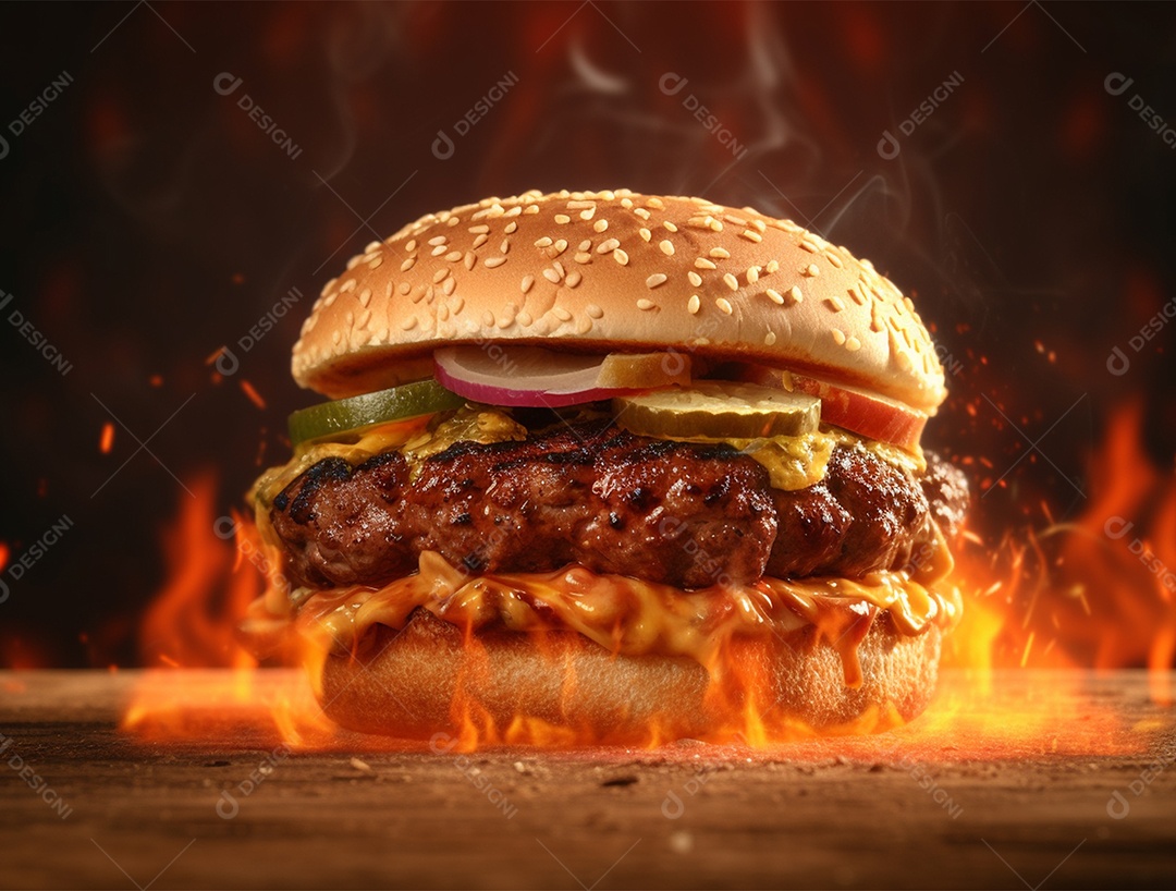 Hambúrguer gourmet em chamas sobre mesa de madeira.