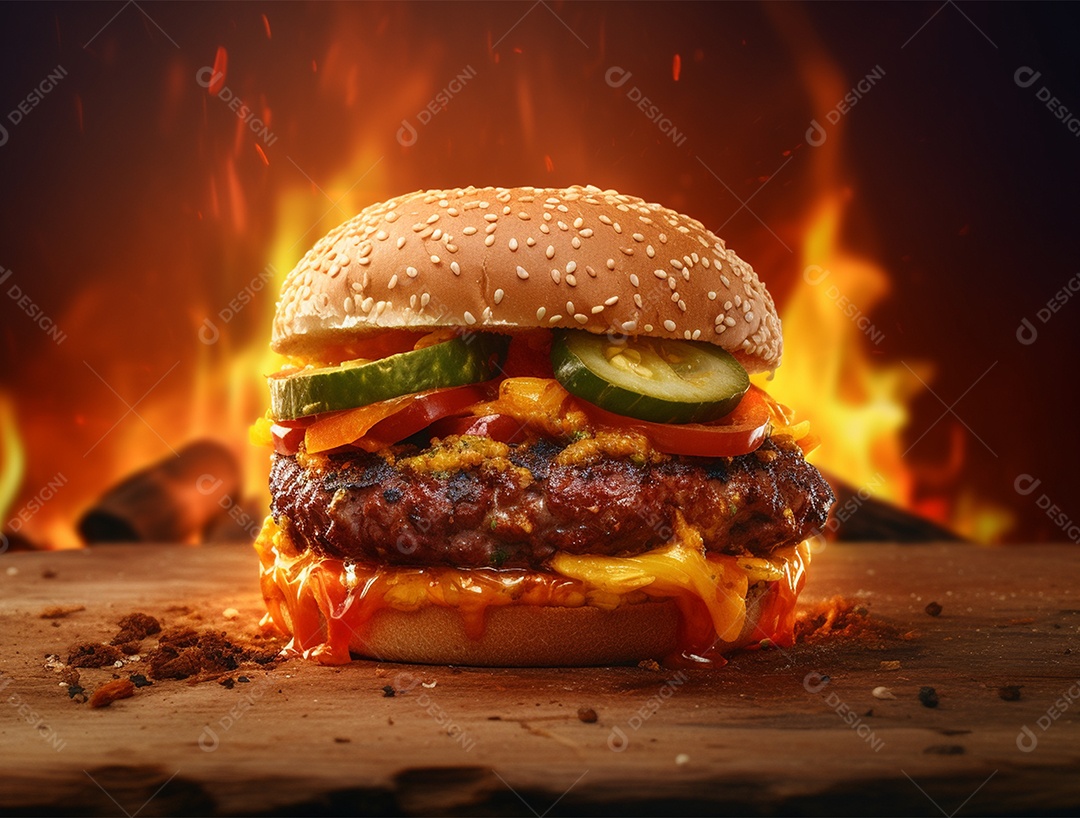 Hambúrguer gourmet sobre mesa de madeira fundo em chamas.