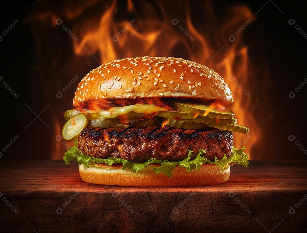 Delicioso hambúrguer gourmet sobre fundo com chamas.