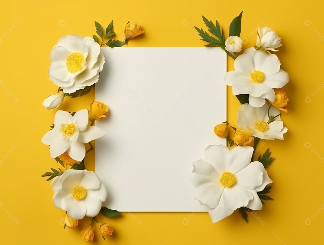 Papel em branco sobre fundo amarelo com flores.