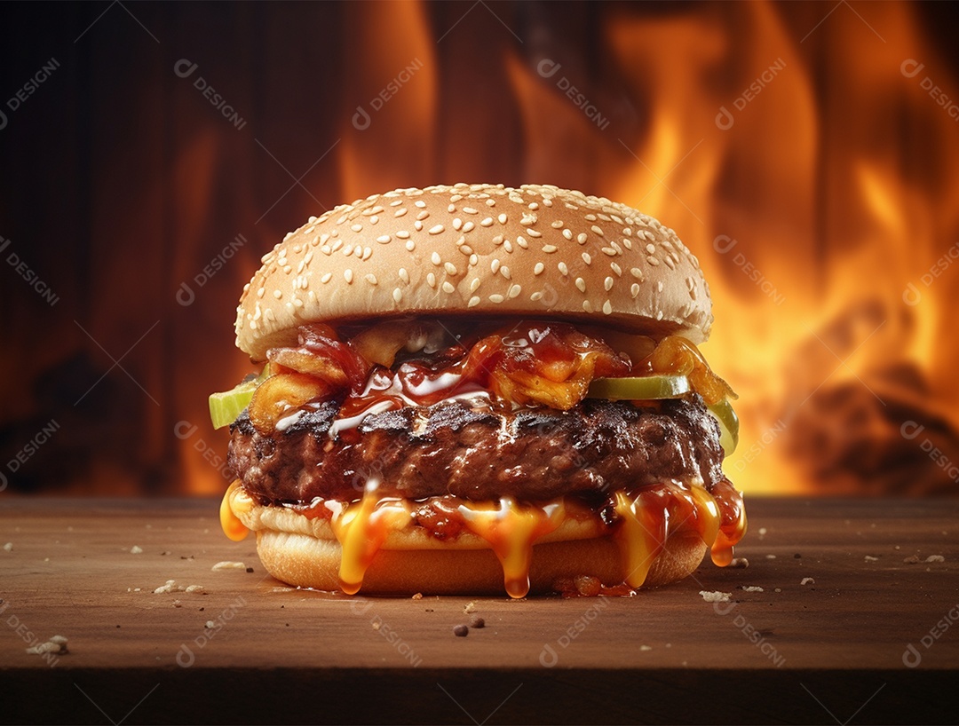 Hambúrguer suculento gourmet sobre fundo isolado com chamas.