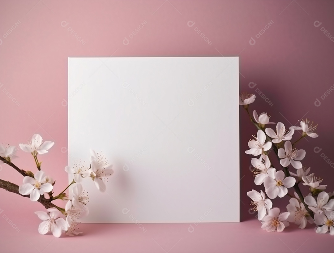Papel em branco sobre fundo isolado rosa com flores.