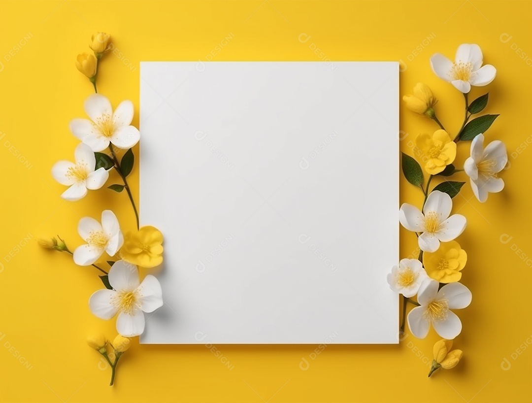 Papel em branco sobre fundo amarelo com flores.