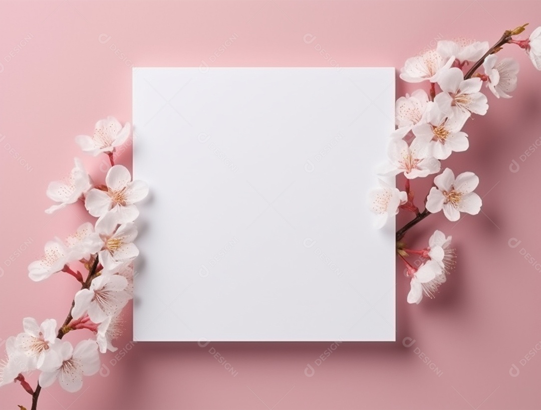 Papel em branco sobre fundo rosa com flores.
