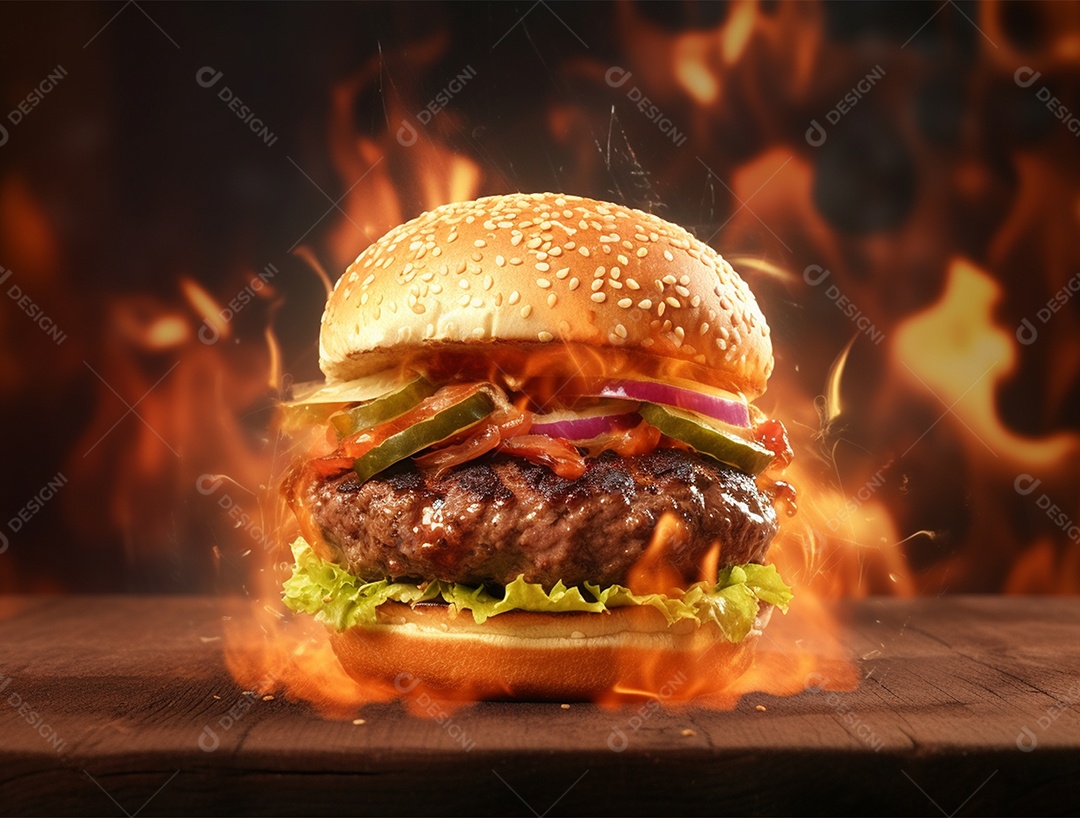 Hambúrguer suculento gourmet sobre fundo isolado com chamas.