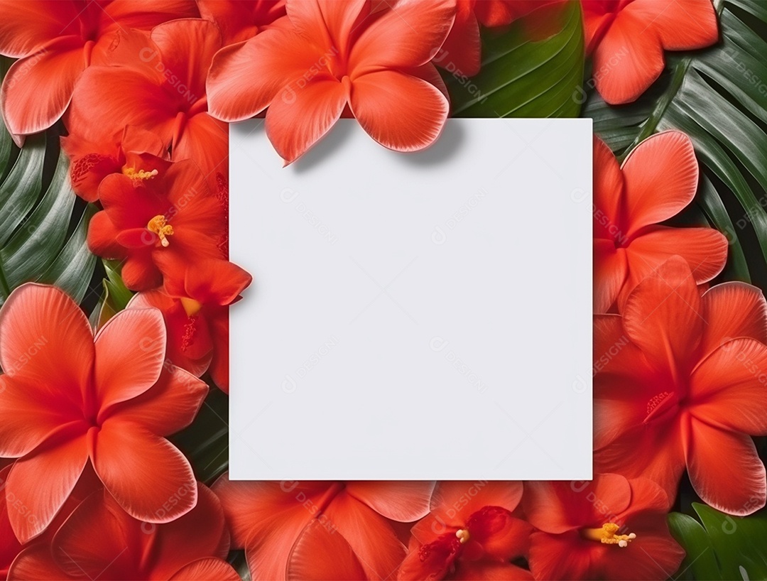 Papel em branco sobre um fundo com flores vermelhas e folhas.