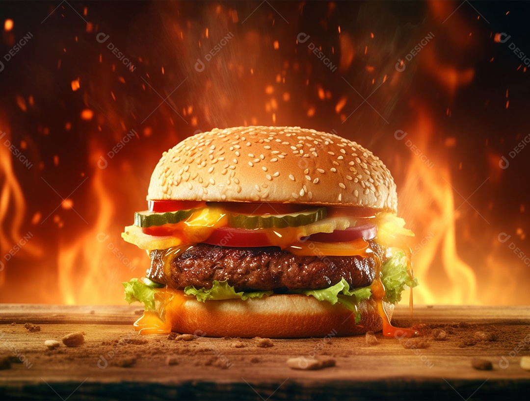 Hambúrguer suculento gourmet sobre fundo isolado com chamas.
