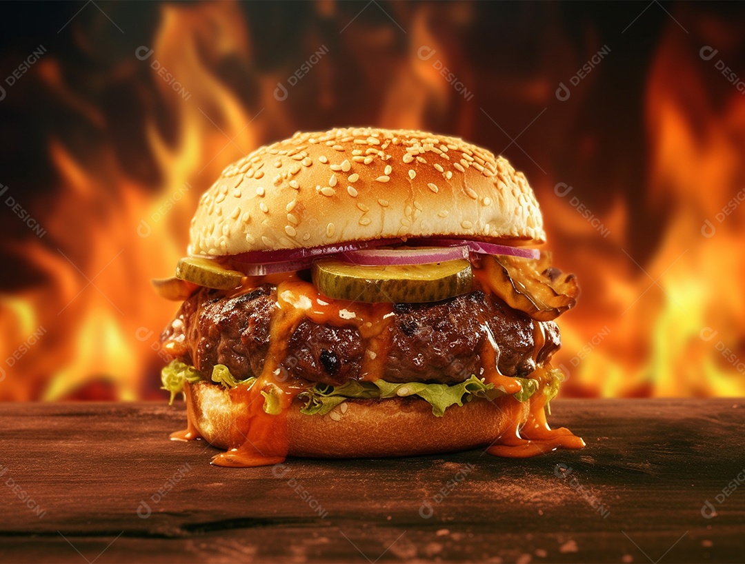 Hambúrguer suculento gourmet sobre fundo isolado com chamas.