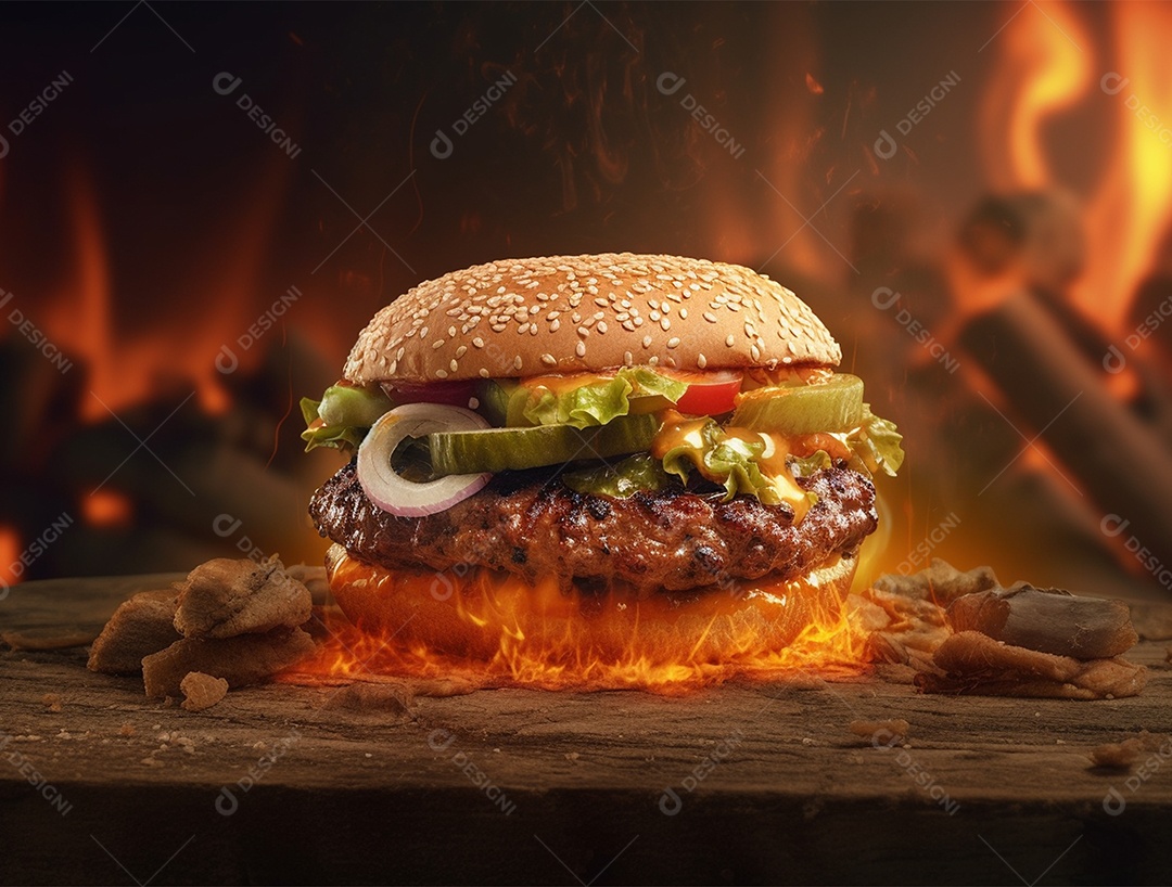 Hambúrguer suculento gourmet sobre fundo isolado com chamas.