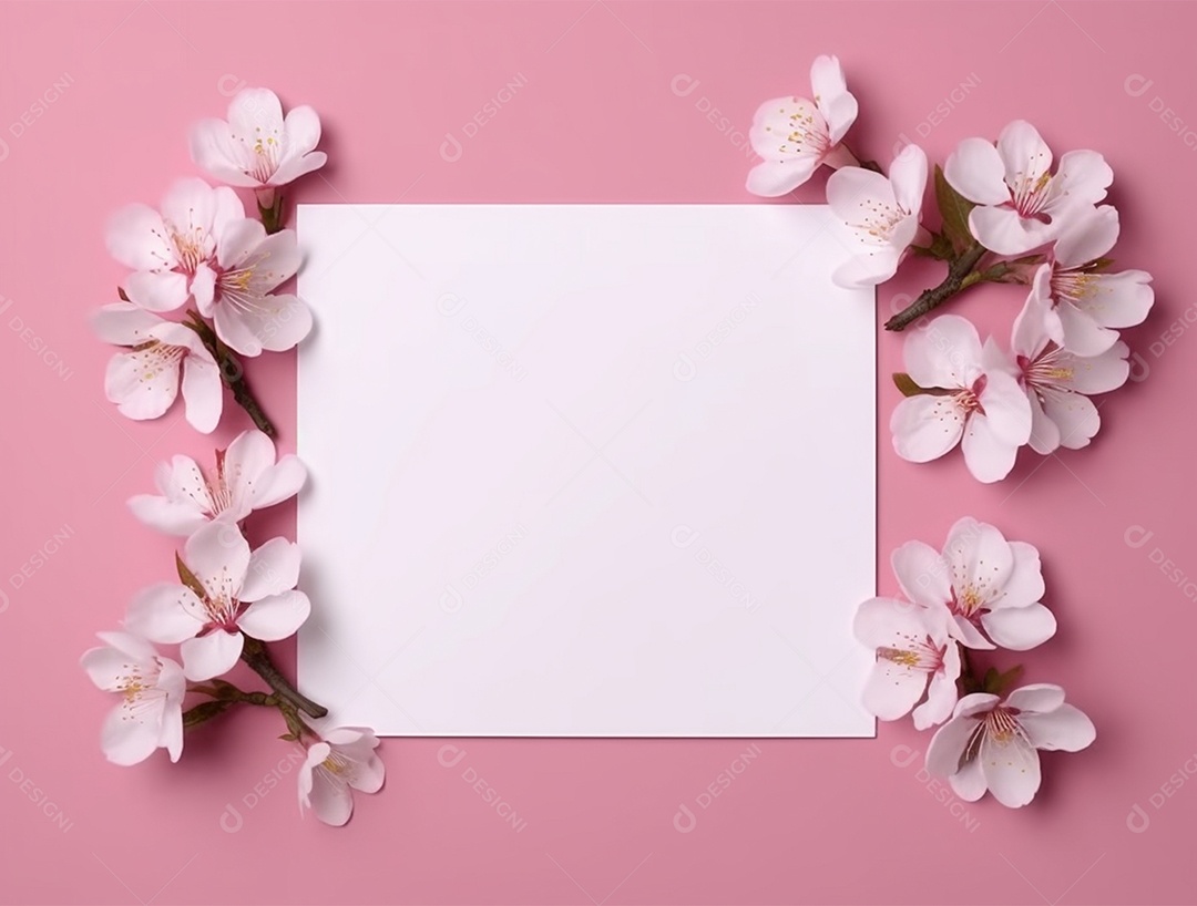 Papel em branco sobre fundo isolado rosa com flores.