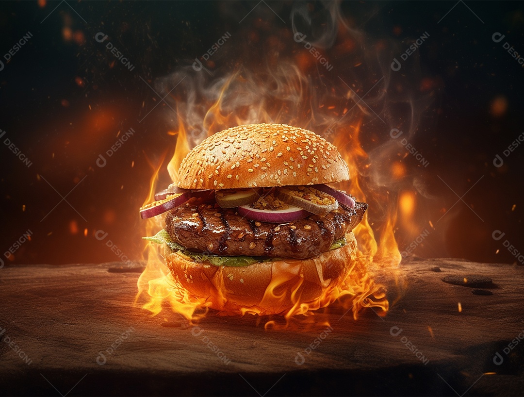 Hambúrguer suculento gourmet em chamas sobre tampo de madeira
