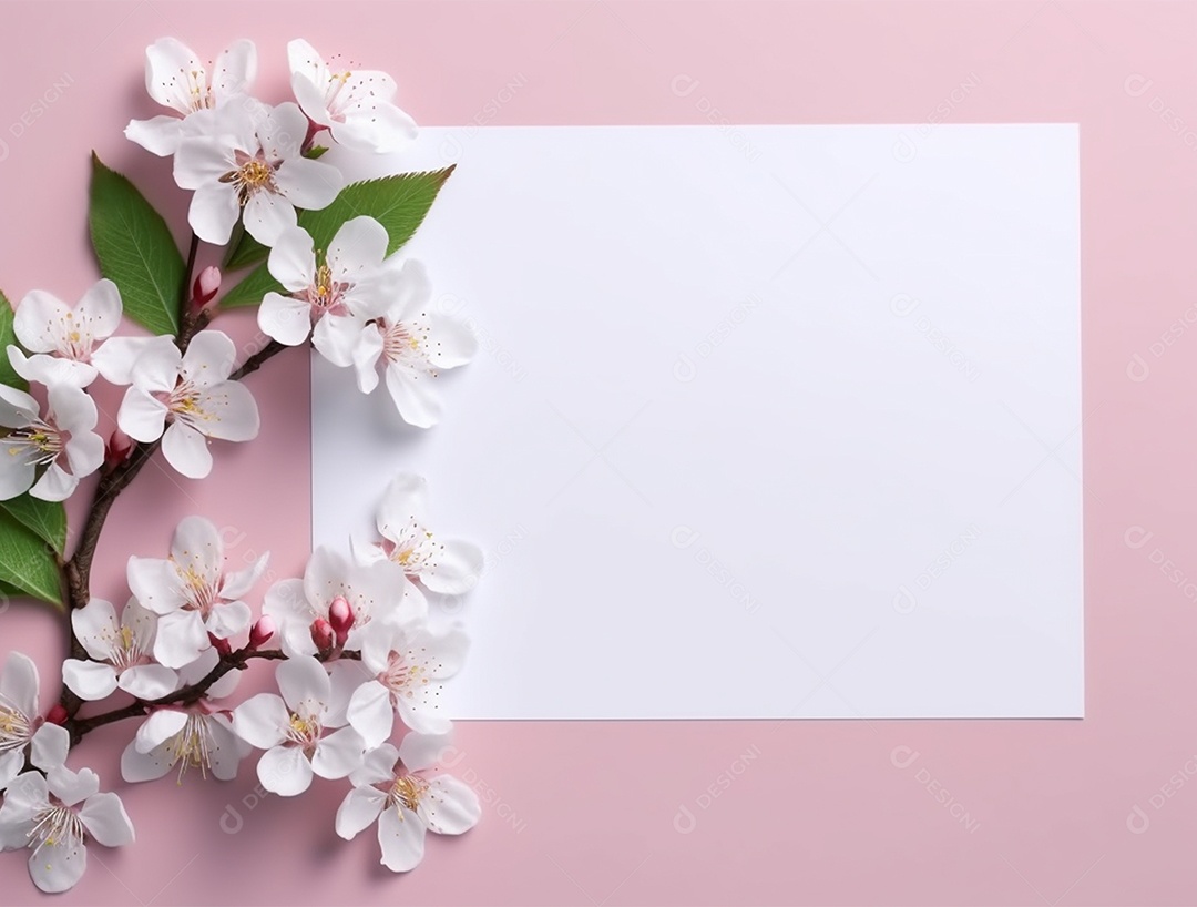 Papel em branco sobre fundo rosa com buquê de flores.