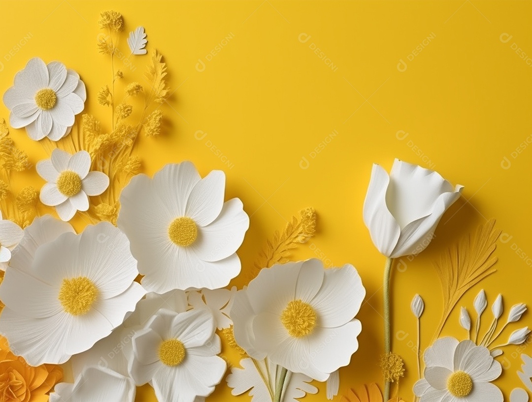 Flores brancas sobre fundo isolado amarelo.