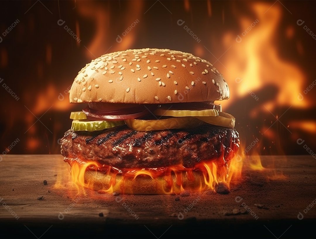 Hambúrguer suculento gourmet sobre fundo isolado com chamas.