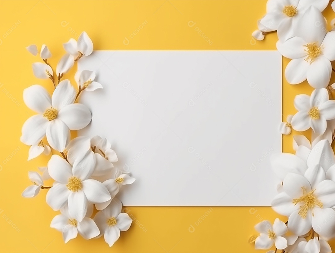 Papel em branco sobre fundo amarelo com buquê de flores.