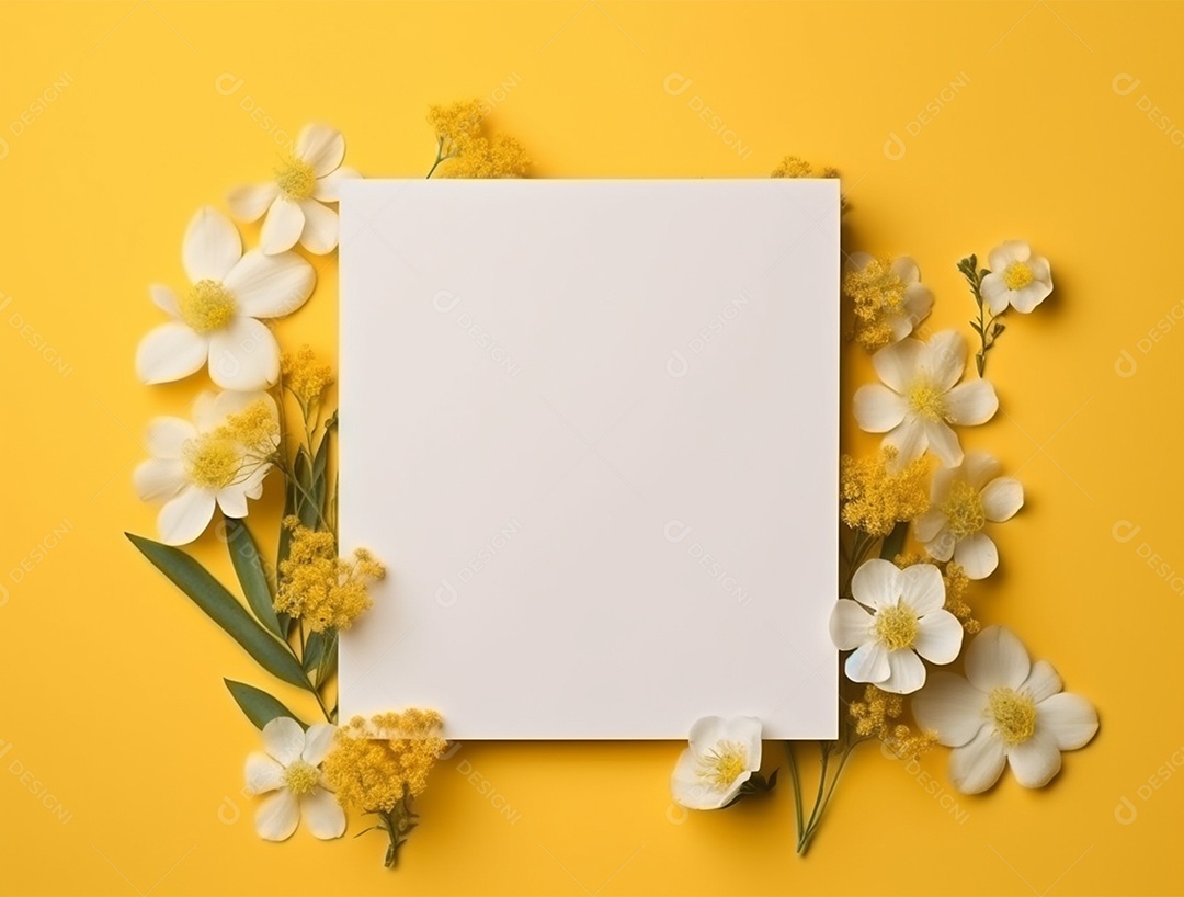 Papel em branco sobre fundo amarelo com flores.