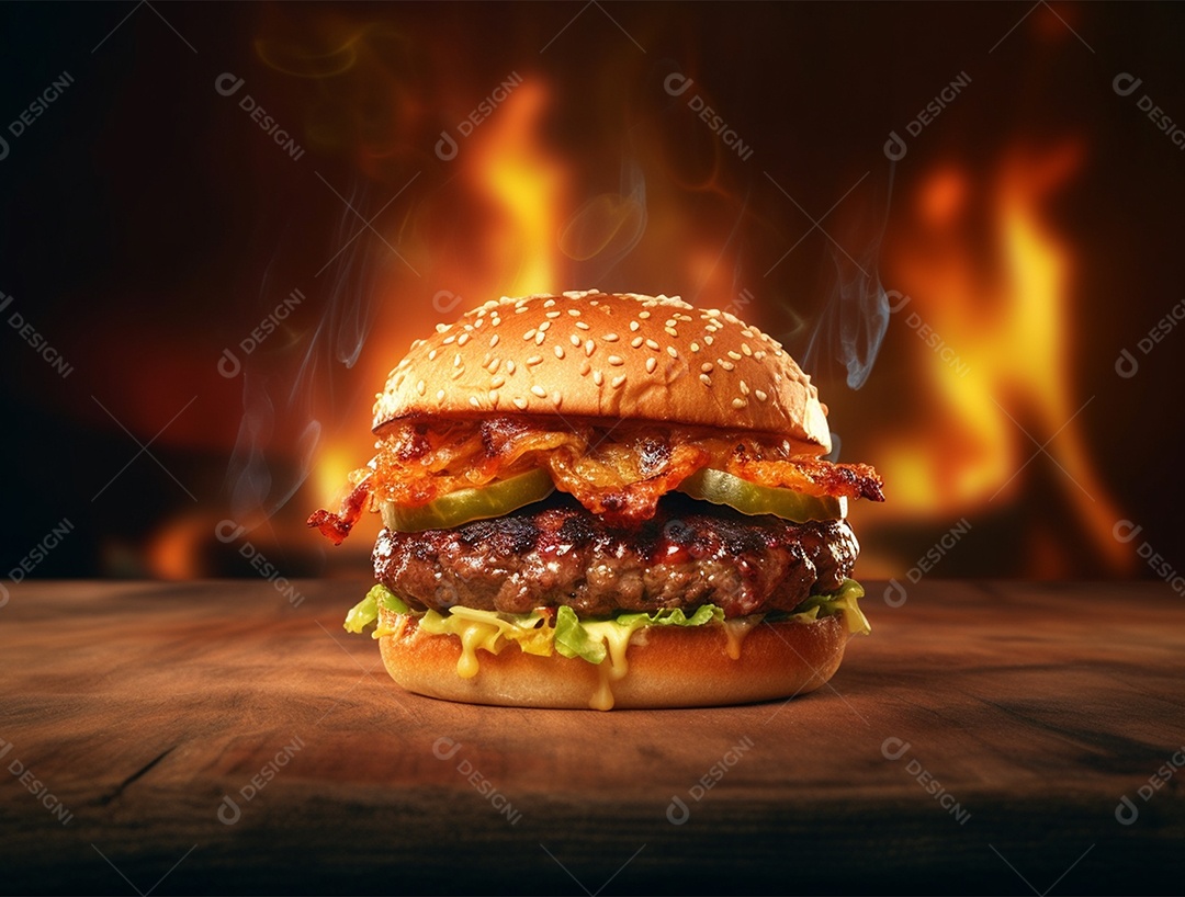 Hambúrguer suculento gourmet sobre fundo isolado com chamas.