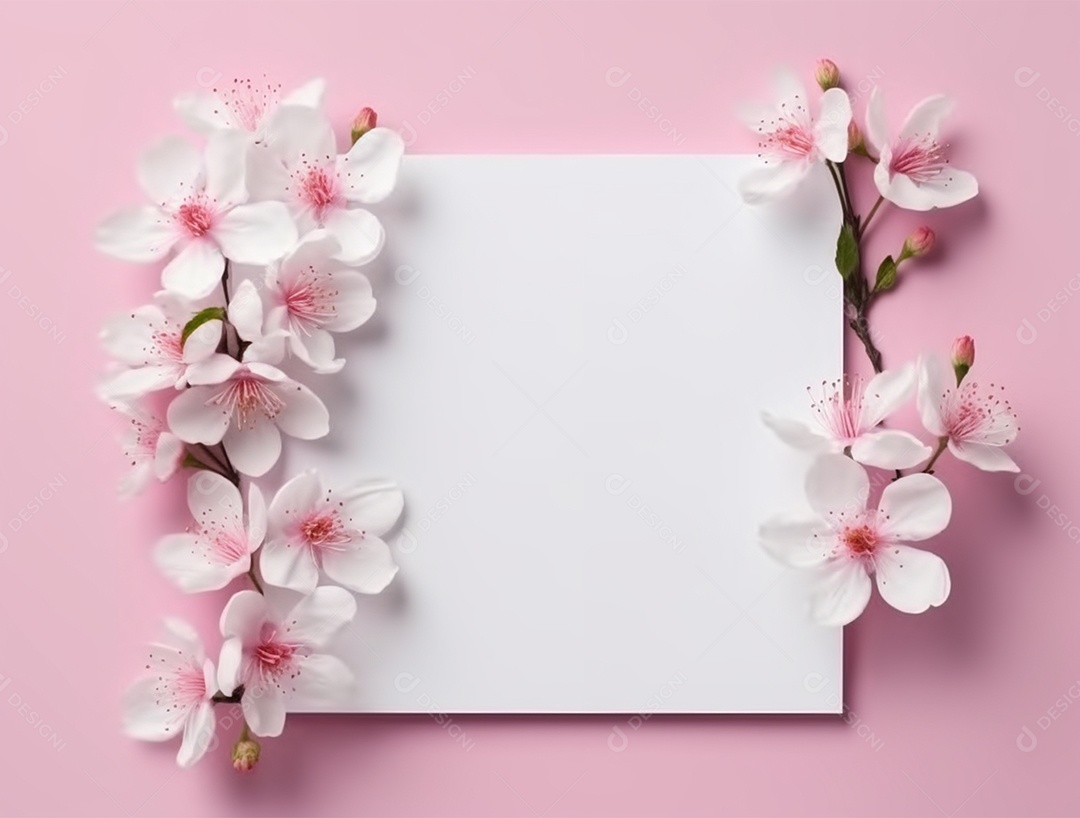 Papel em branco sobre fundo rosa com flores.