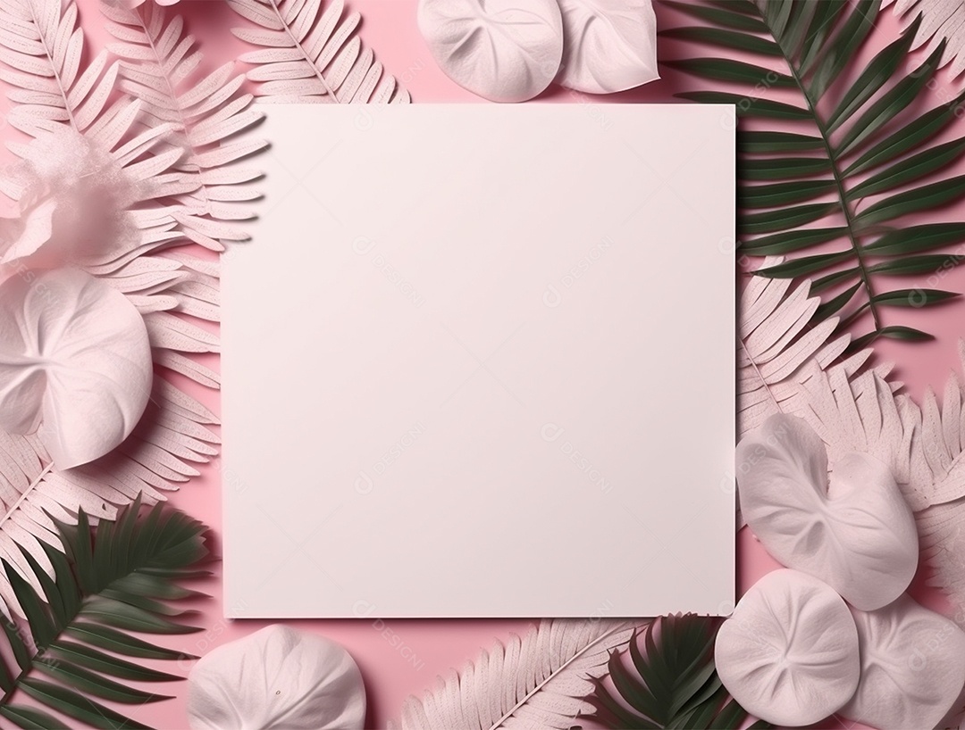 Papel em branco sobre fundo isolado rosa com flores e folhas.