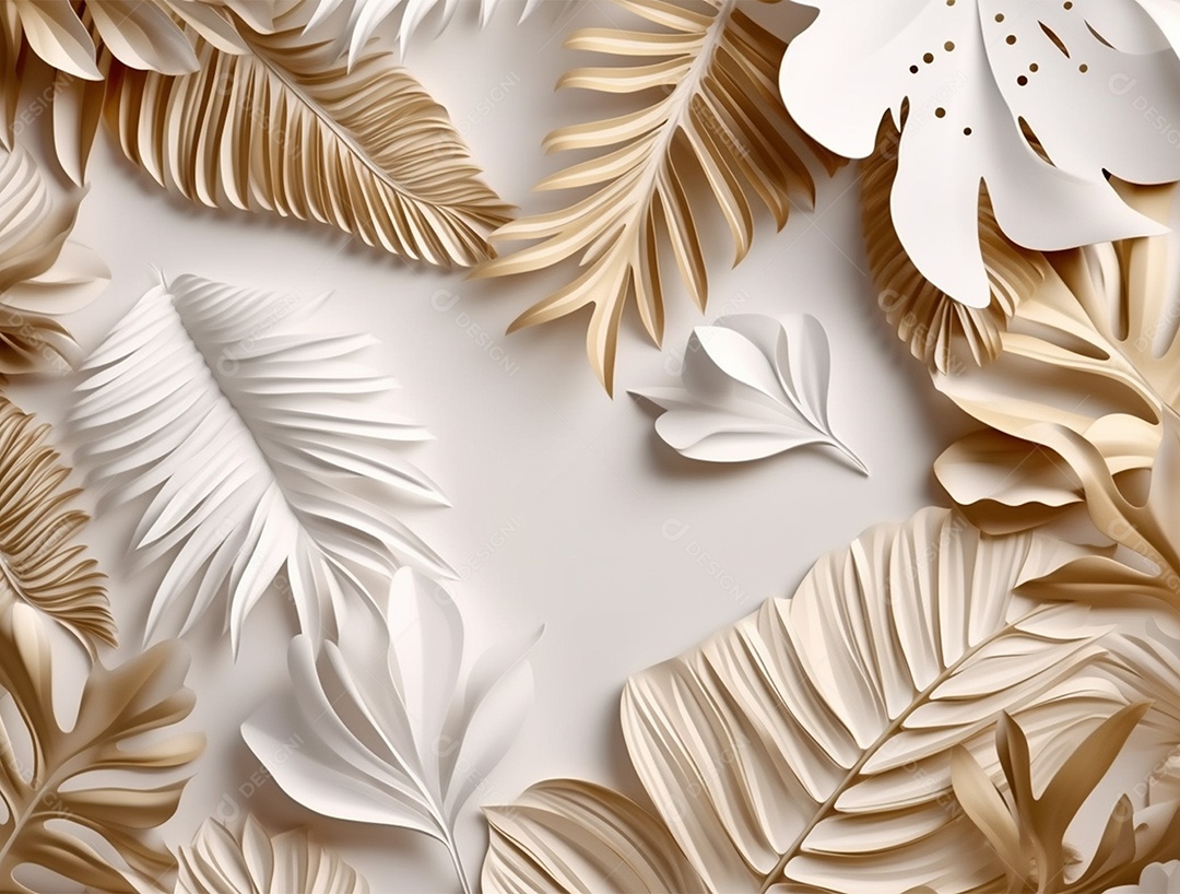 Folhas douradas e brancas sobre fundo branco.