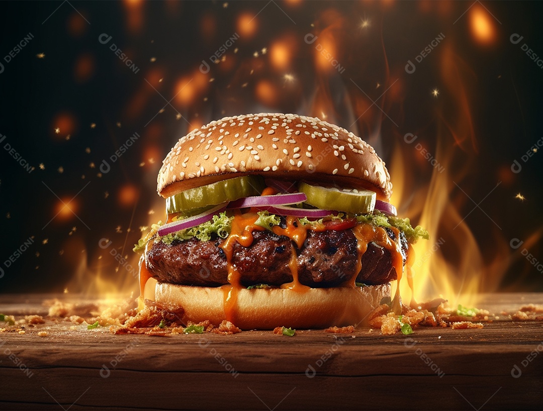 Hambúrguer suculento gourmet sobre fundo isolado com chamas.