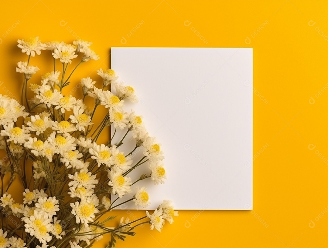 Papel em branco sobre fundo isolado amarelo com buquê de flores.