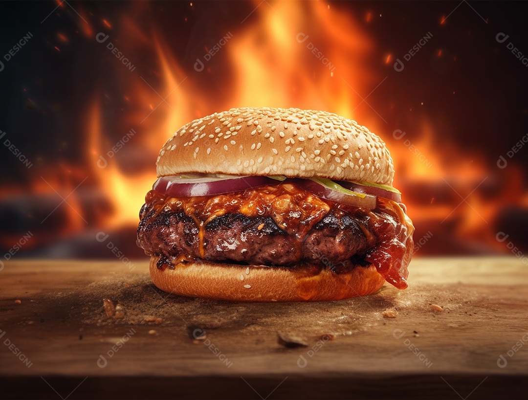 Hambúrguer suculento gourmet sobre fundo isolado com chamas.