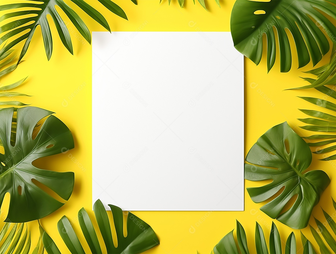 Papel em branco sobre fundo amarelo com folhas.