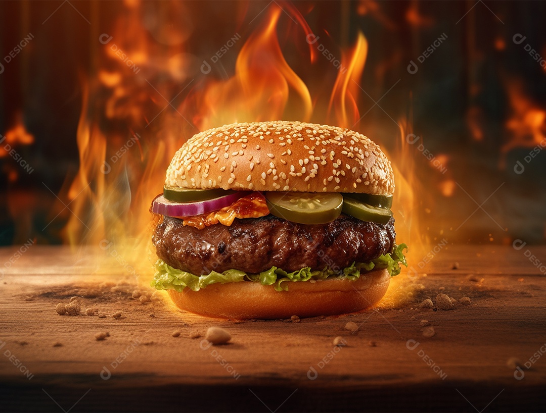 Hambúrguer suculento gourmet sobre fundo isolado com chamas.