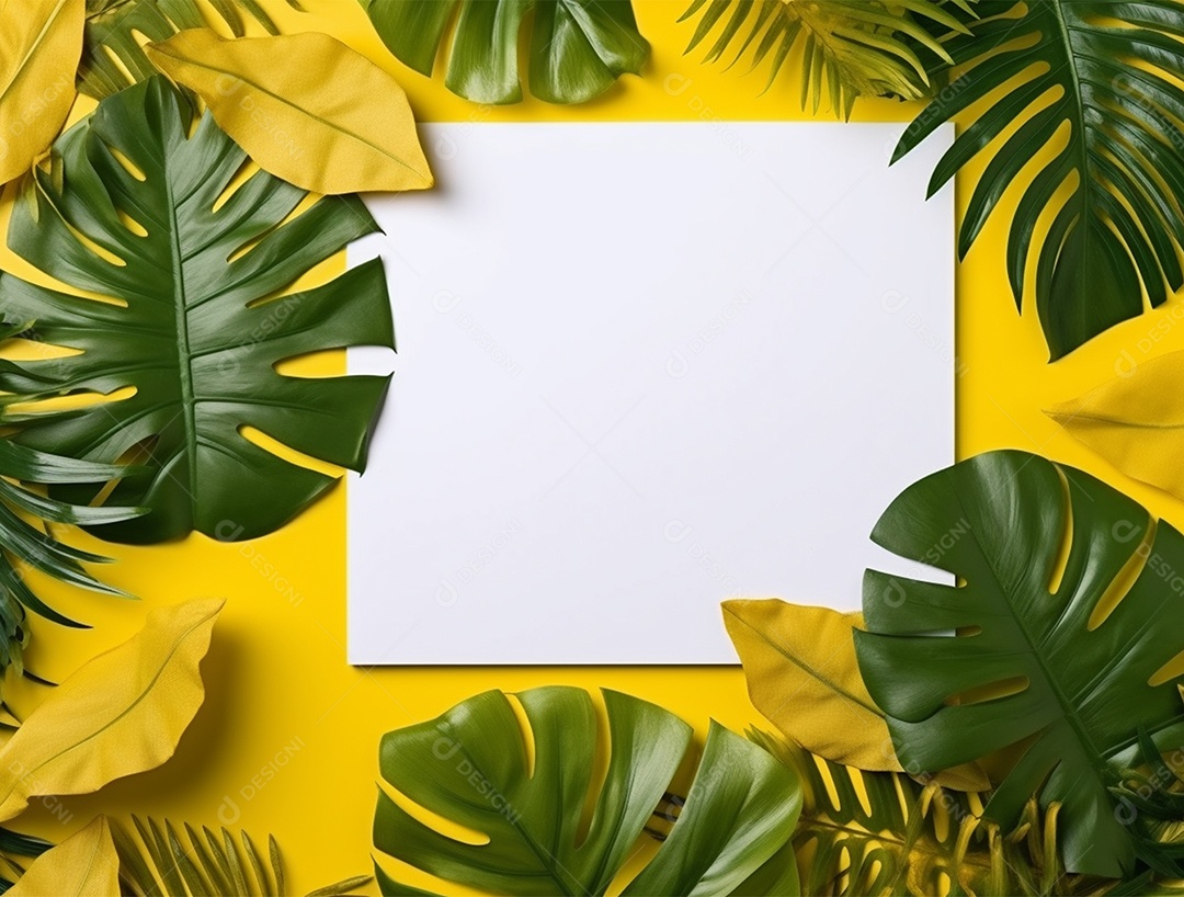 Papel em branco sobre fundo amarelo com folhas.