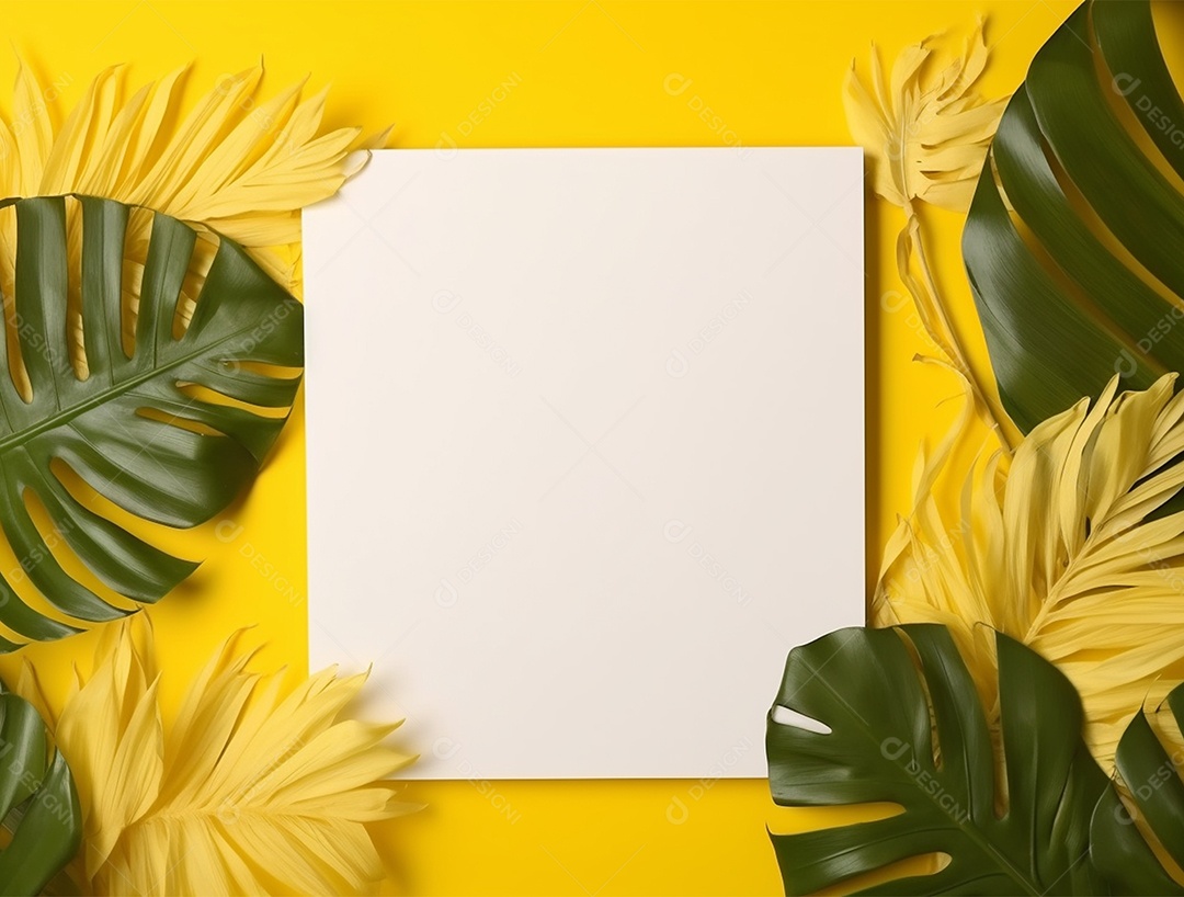 Papel em branco sobre fundo isolado amarelo com folhas.