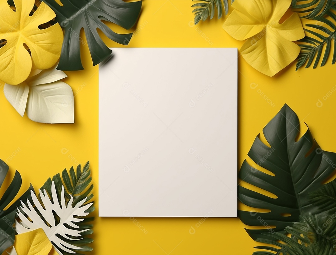 Papel em branco sobre fundo amarelo com folhas.