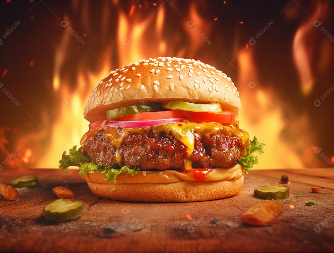 Hambúrguer suculento gourmet sobre fundo isolado com chamas.