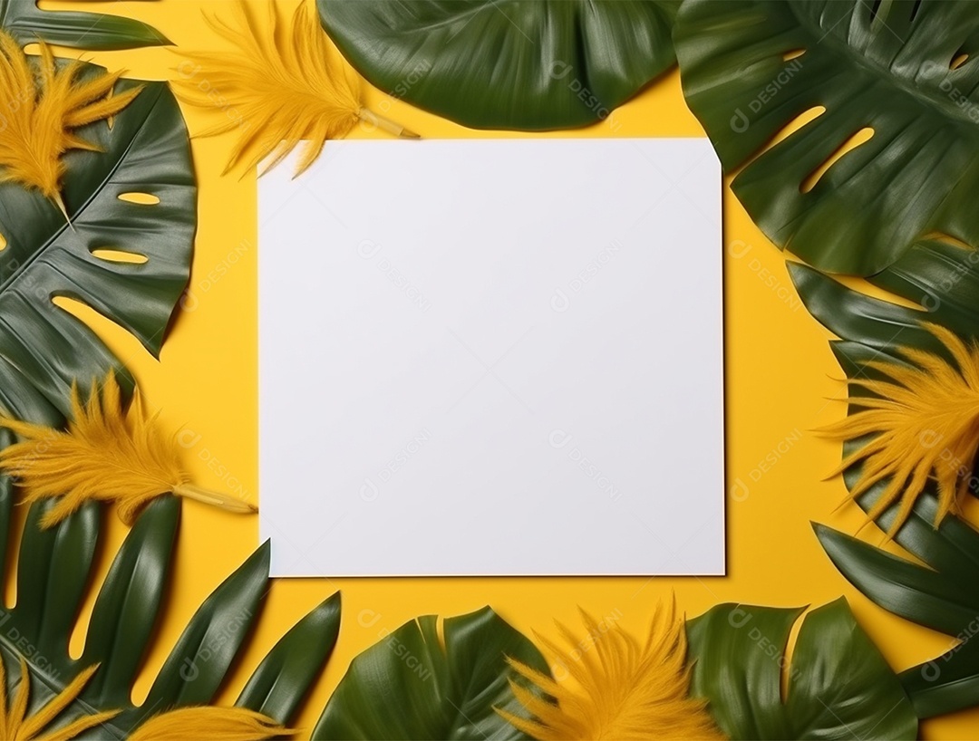 Papel em branco sobre fundo amarelo com folhas.