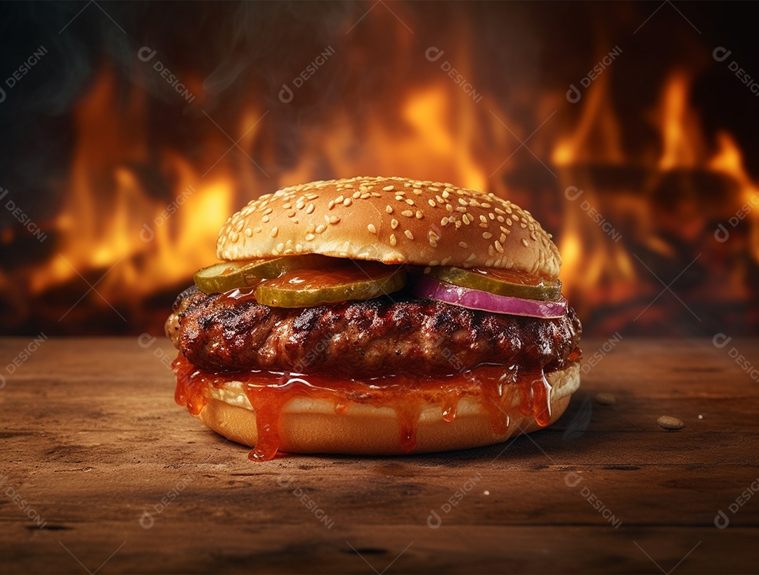 Hambúrguer suculento gourmet sobre fundo isolado com chamas.