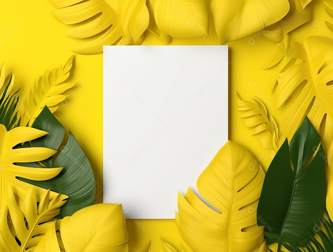 Papel em branco sobre fundo isolado amarelo com folhagens.