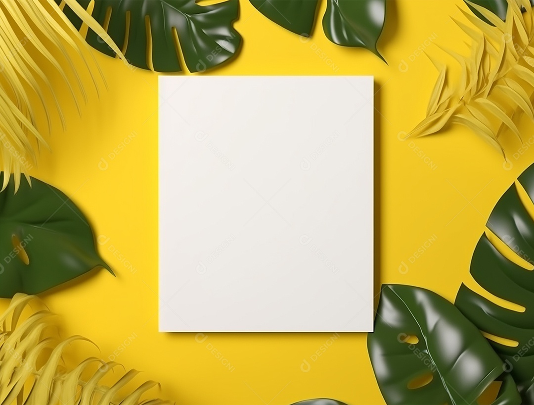 Papel em branco sobre fundo amarelo com folhas.