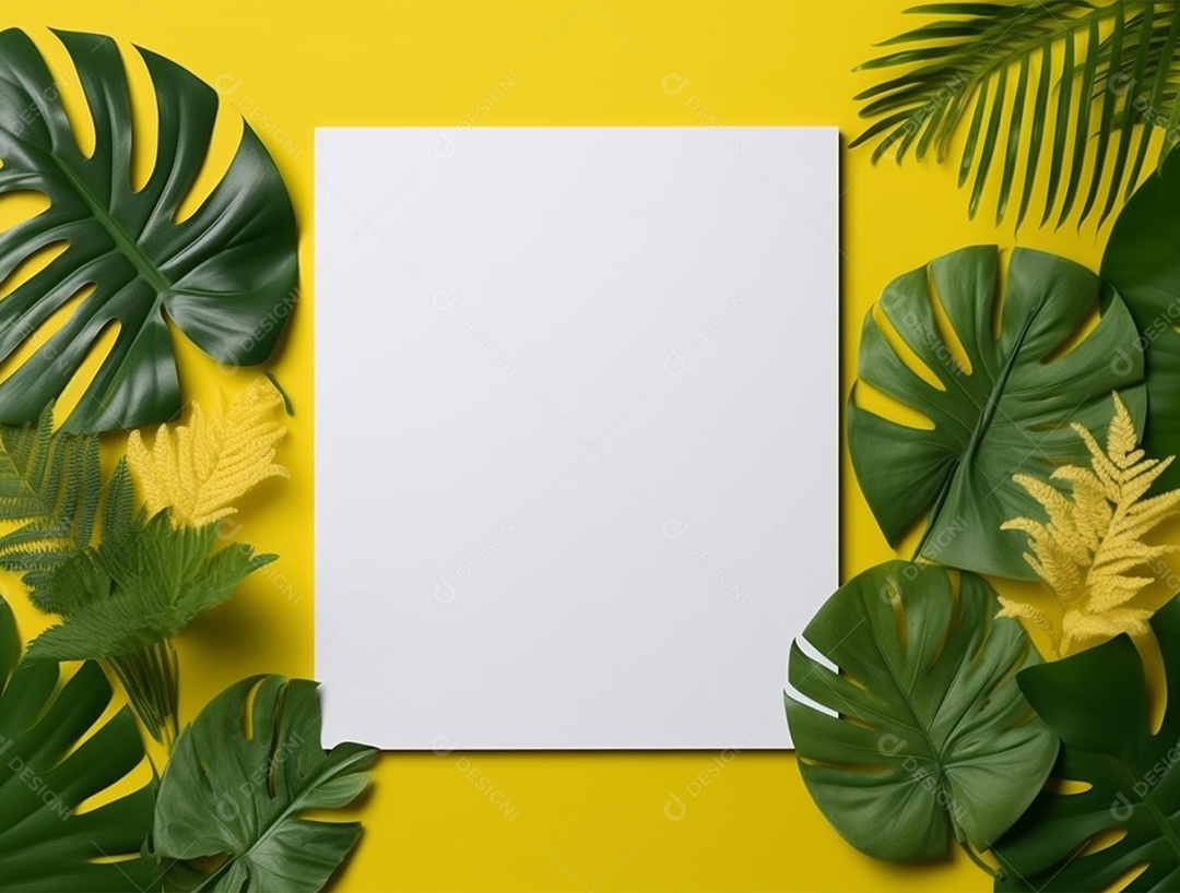 Papel em branco sobre fundo amarelo com folhas.