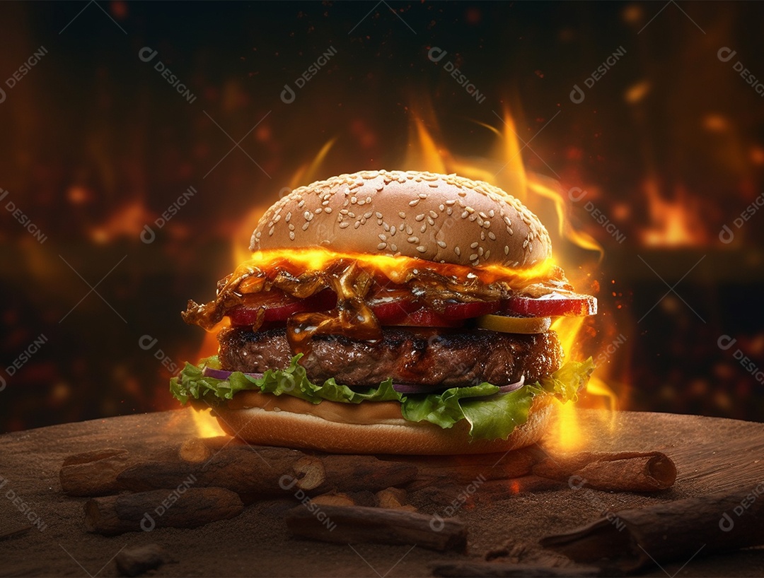 Hambúrguer suculento gourmet sobre fundo isolado com chamas.