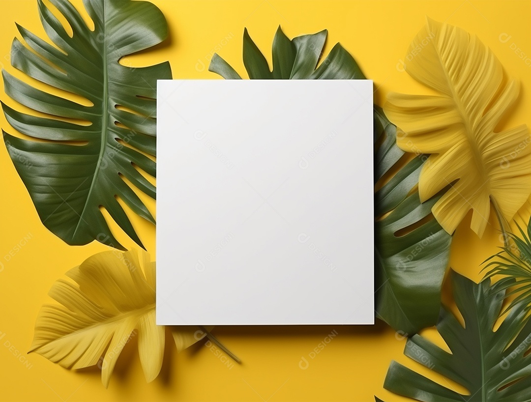 Papel em branco sobre fundo amarelo com folhas.