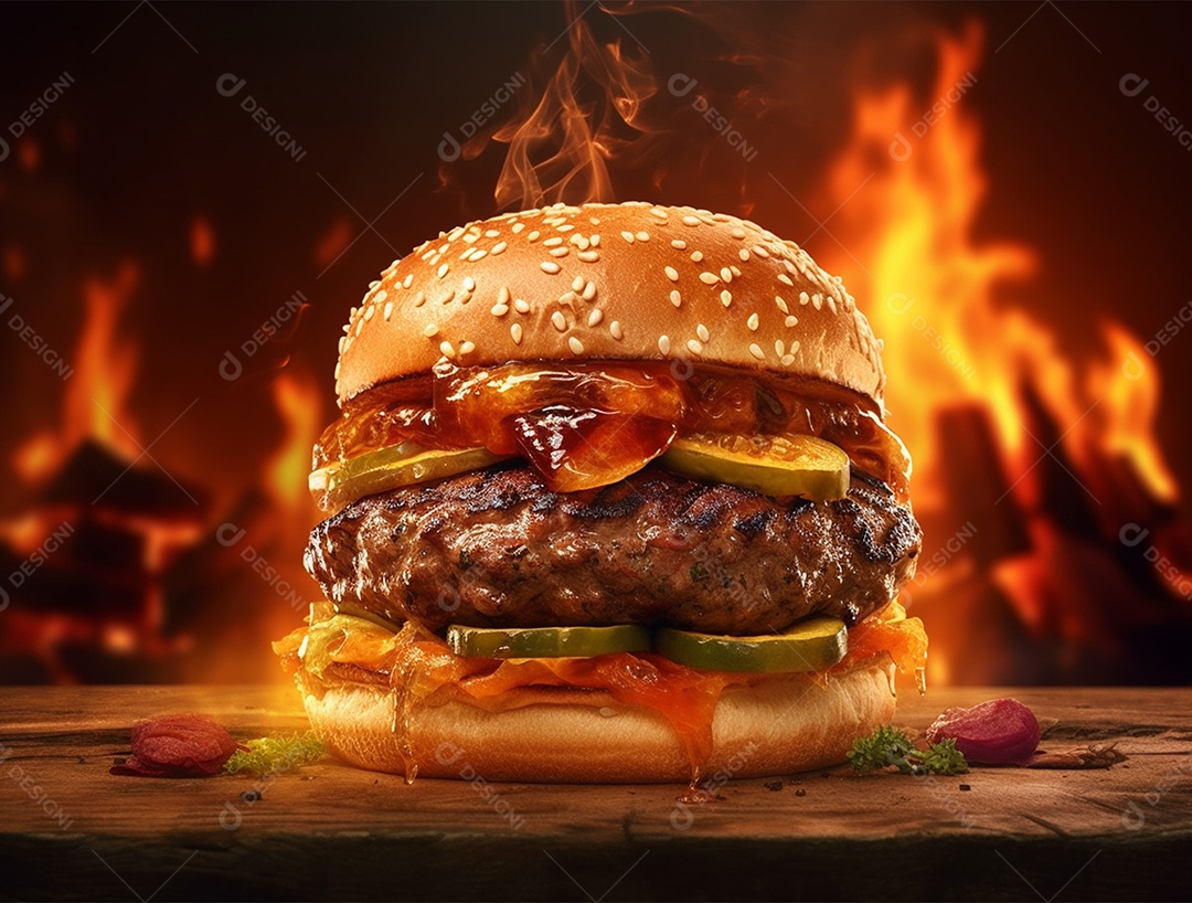 Hambúrguer suculento gourmet sobre fundo isolado com chamas.
